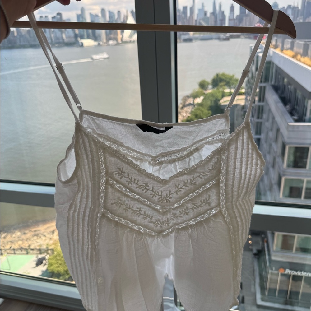 Zara White Embroidered Spaghetti Strap Top